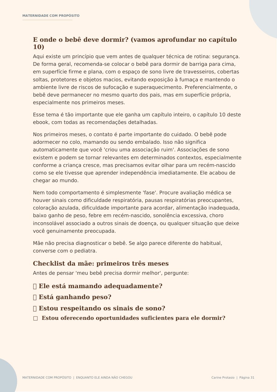 Página do e-book com checklist da mãe