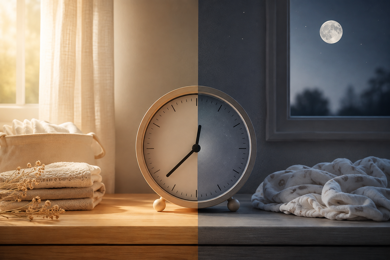 Relógio dividido entre a luz do dia e a luz da noite representando o ciclo circadiano