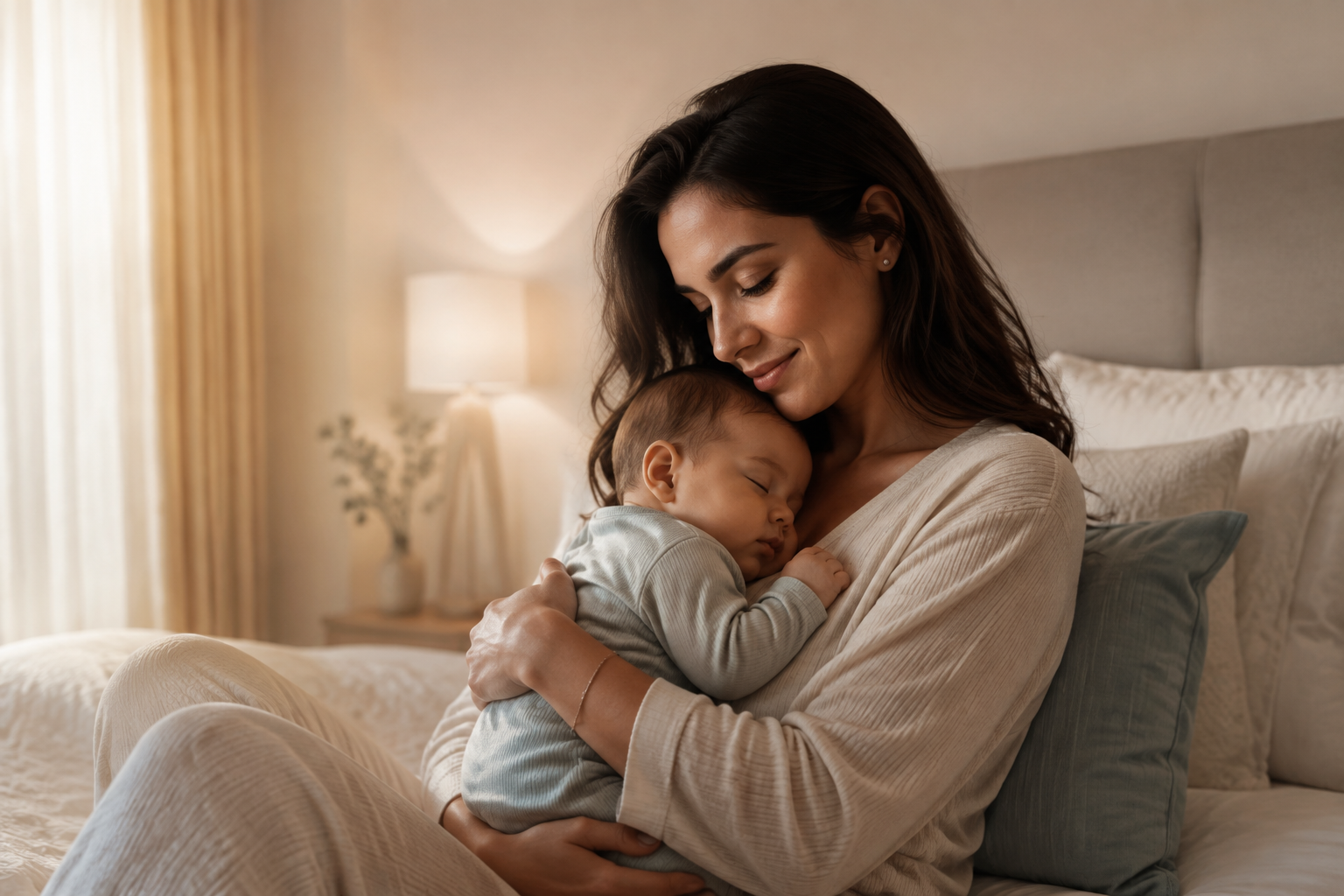 Mãe acolhendo o bebê adormecido no colo